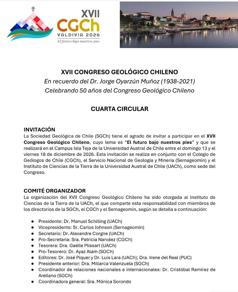Cuarta circular del XVII Congreso Geológico Chileno, Valdivia 2026